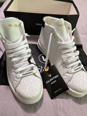 Valentino White Patterned High-Top Sneakers with Gold Logo
